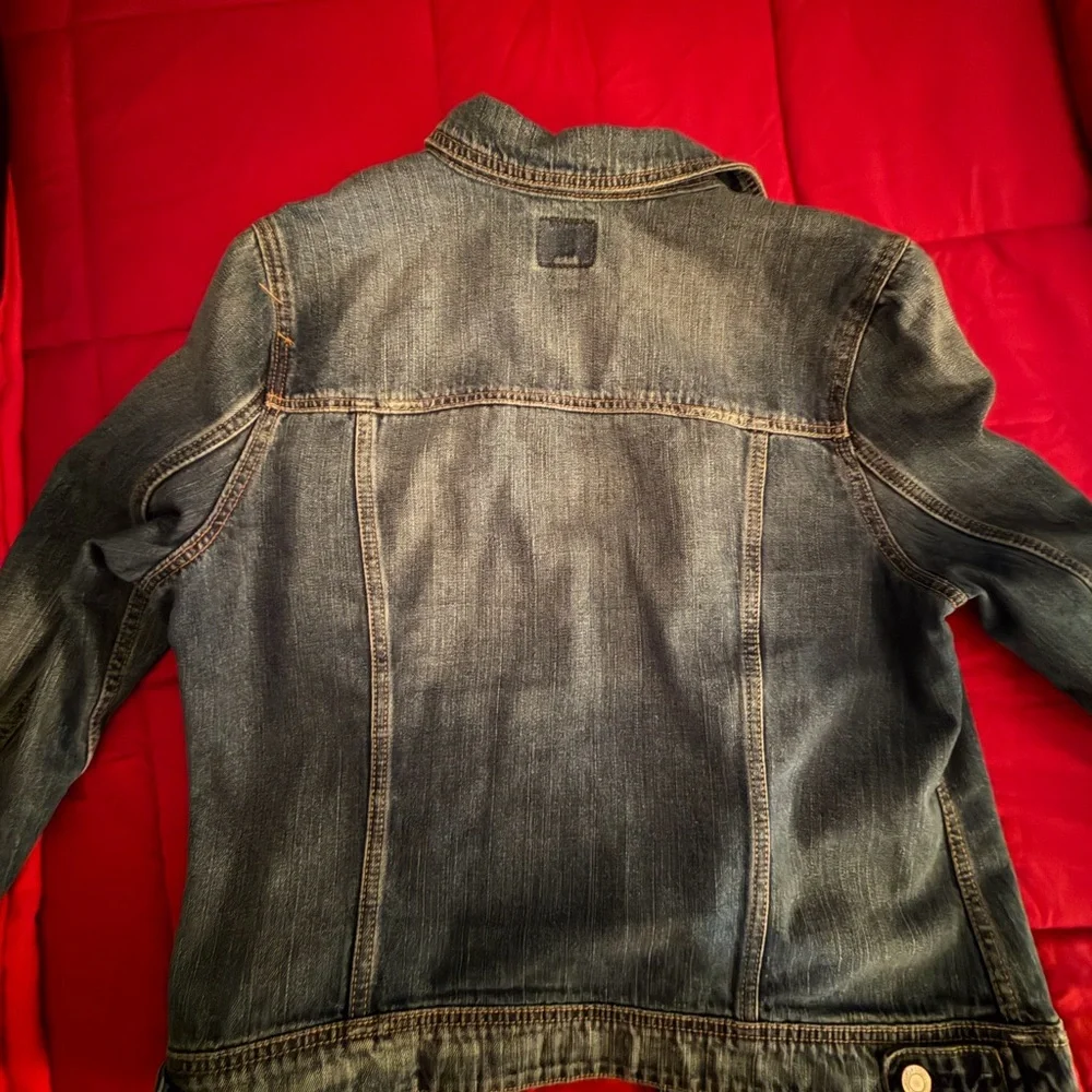 American Eagle Outfitters Dark Blue Denim Jacket with Brown Patch - Picture 2 of 5